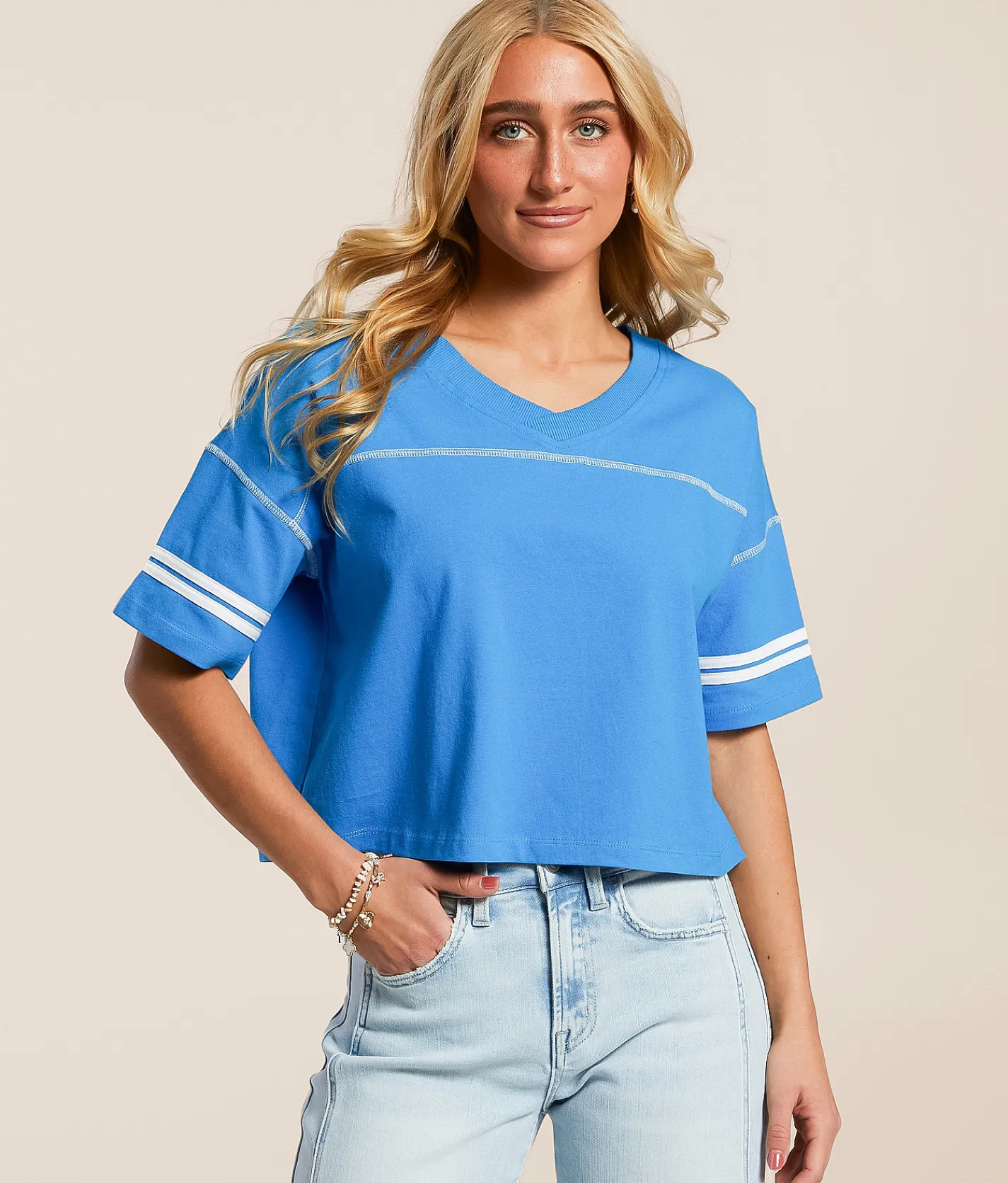 FITZ + EDDI Sport Stripe Cropped T-Shirt Ibiza Blue