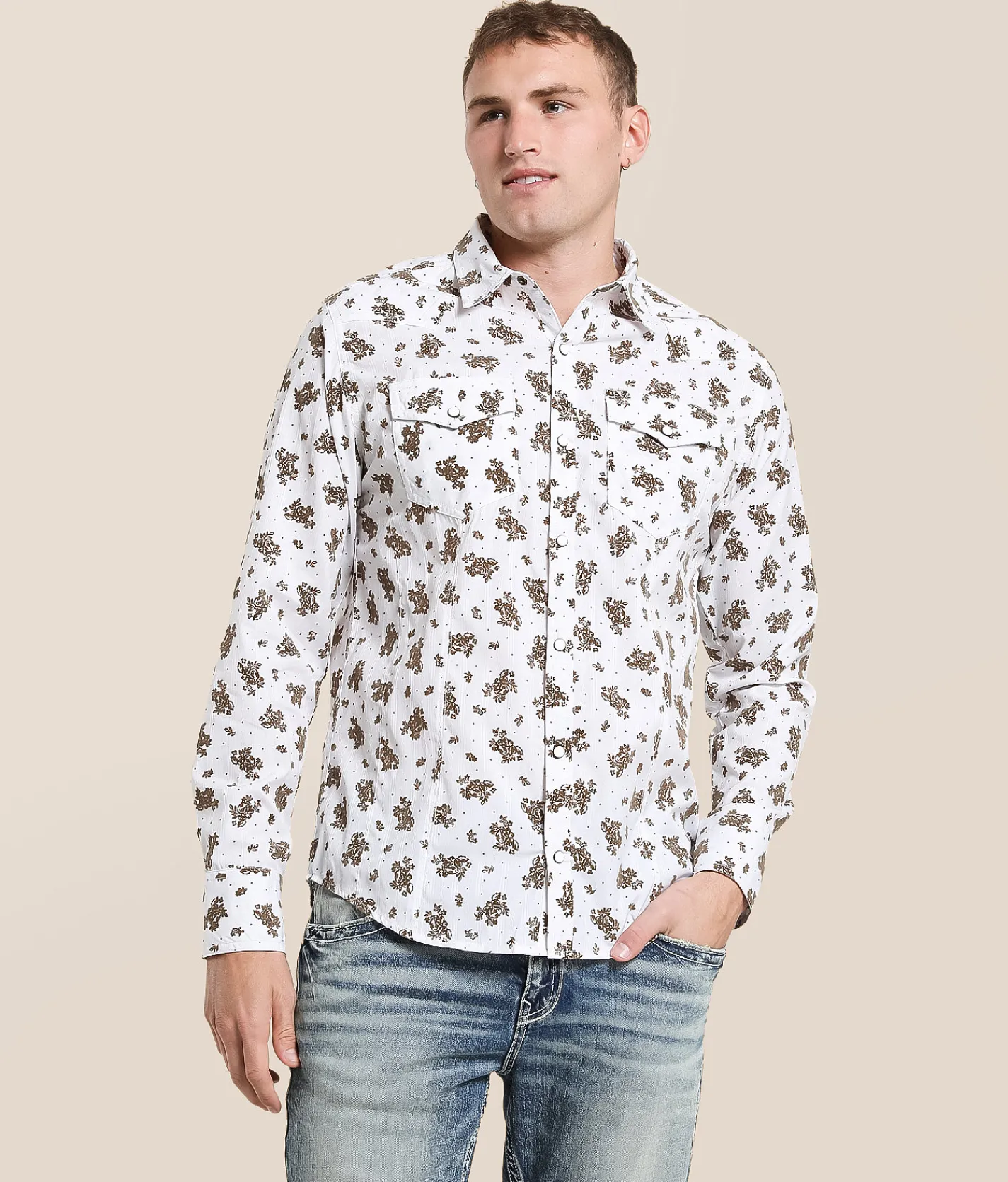 Gentry County Standard Floral Shirt White Brown New