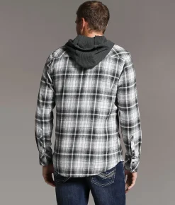 BKE Standard Plaid Hooded Shirt Black White Grey
