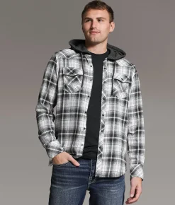 BKE Standard Plaid Hooded Shirt Black White Grey