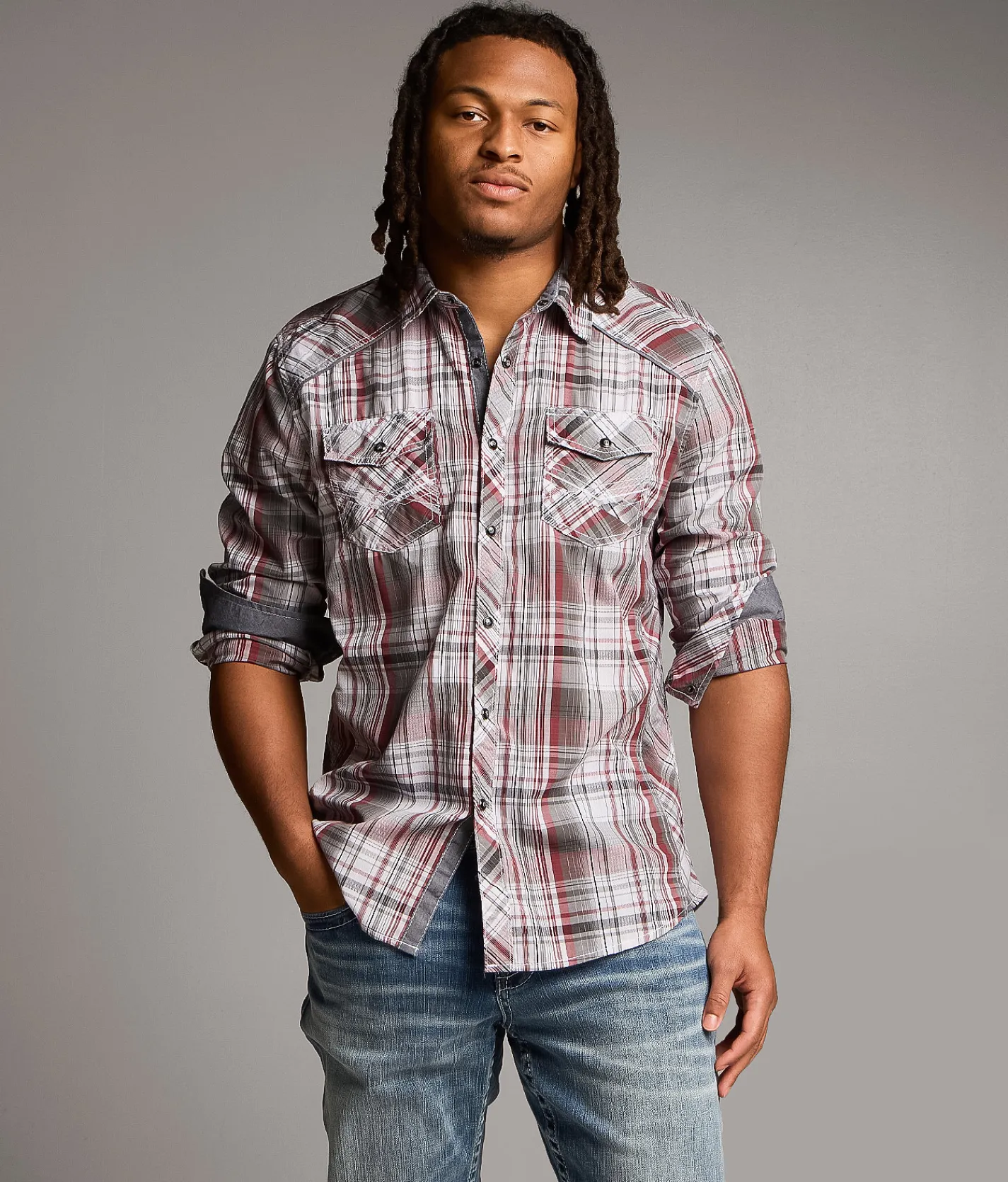 BKE Standard Plaid Shirt White Grey Red Best