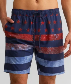 Bottoms|Swimwear | Departwest Stars & Stripes Stretch Swim Trunks Red Navy Grey