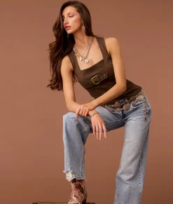 Tops | Sterling & Stitch Statement Buckle Tank Top Brown