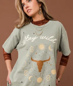 Sterling & Stitch Stay Wild T-Shirt Olive Green Outlet