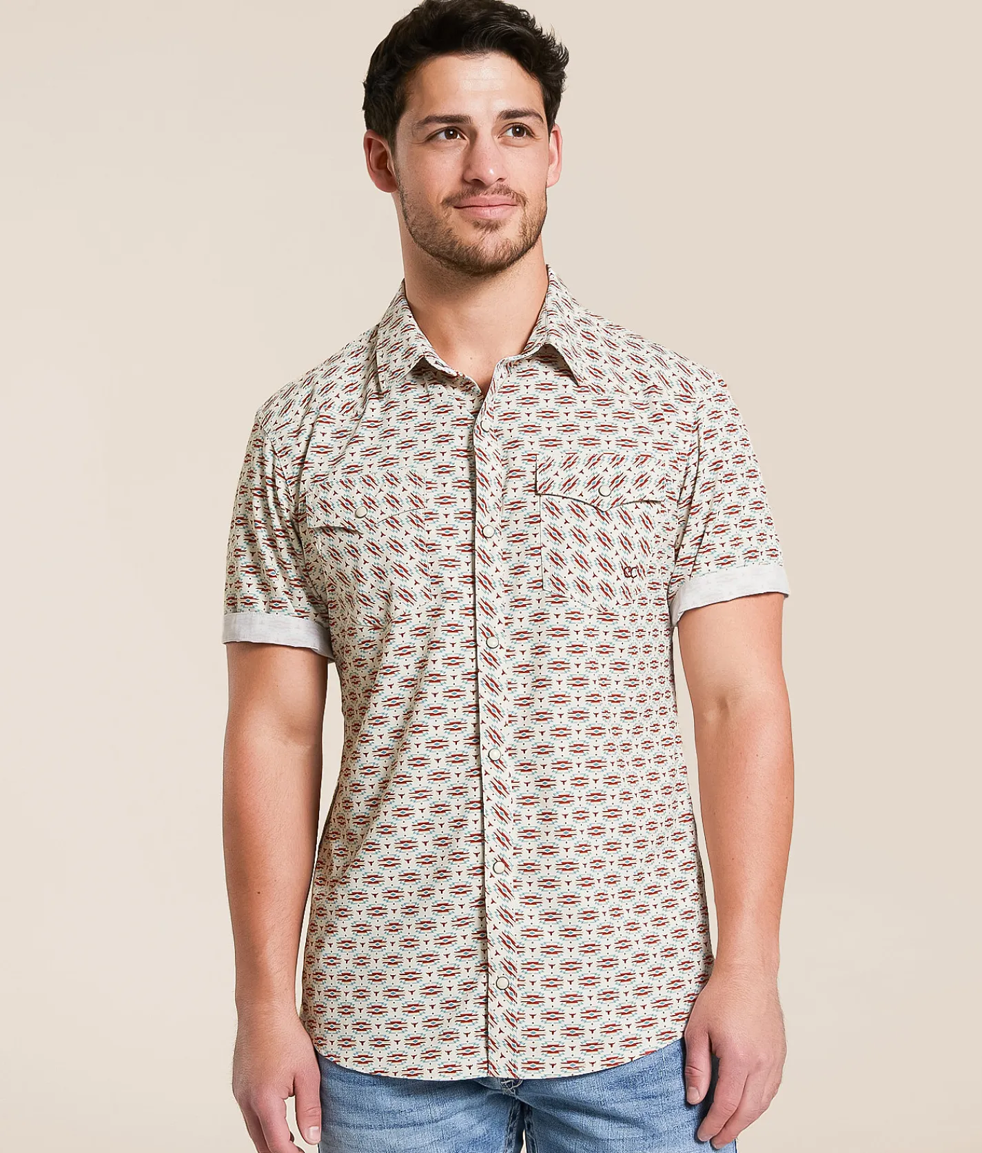 Tops | Gentry County Steer Athletic Performance Stretch Shirt Cream Blue Tan