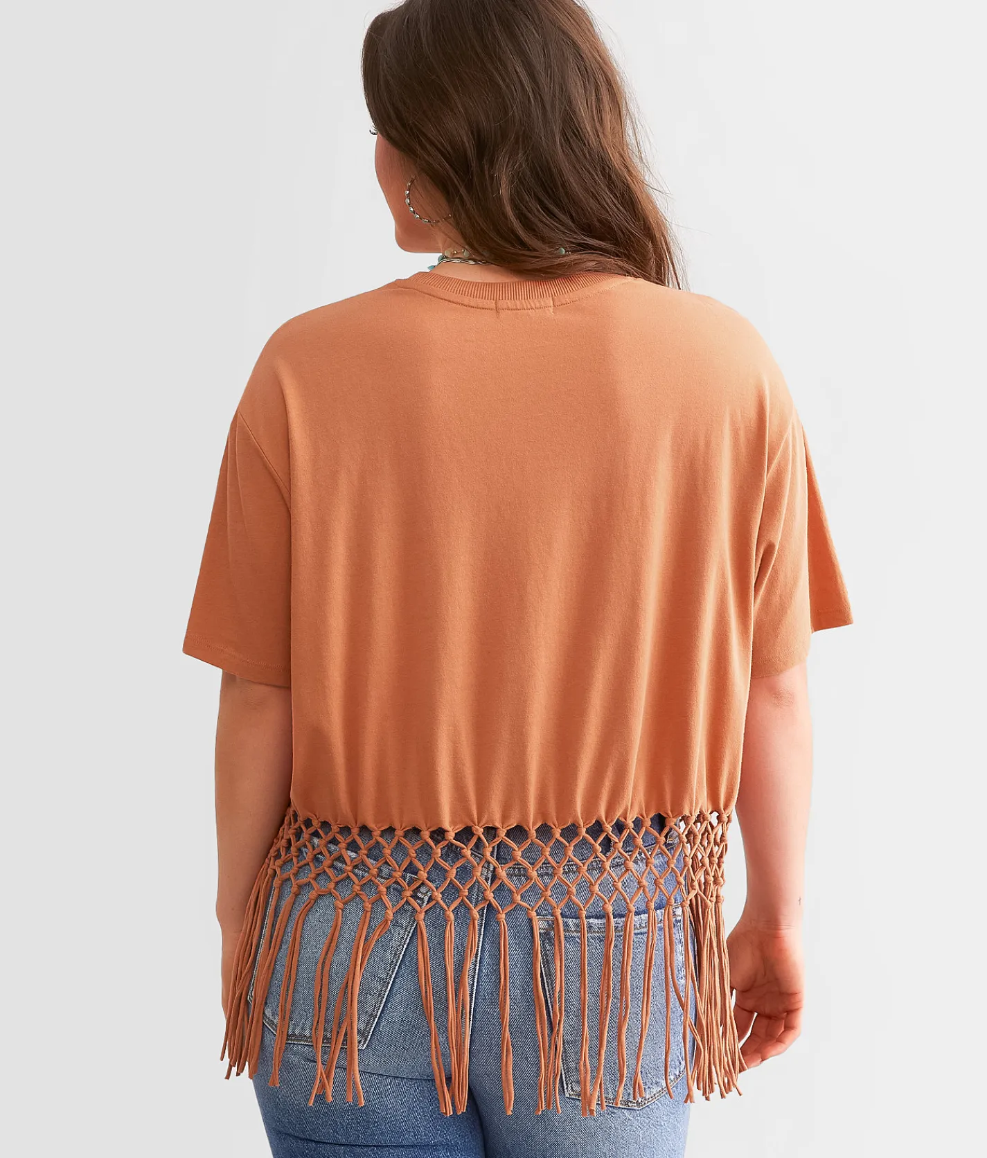 Modish Rebel Steer Macrame Fringe Cropped T-Shirt Cafe Cream Sale