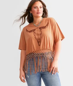 Modish Rebel Steer Macrame Fringe Cropped T-Shirt Cafe Cream Sale