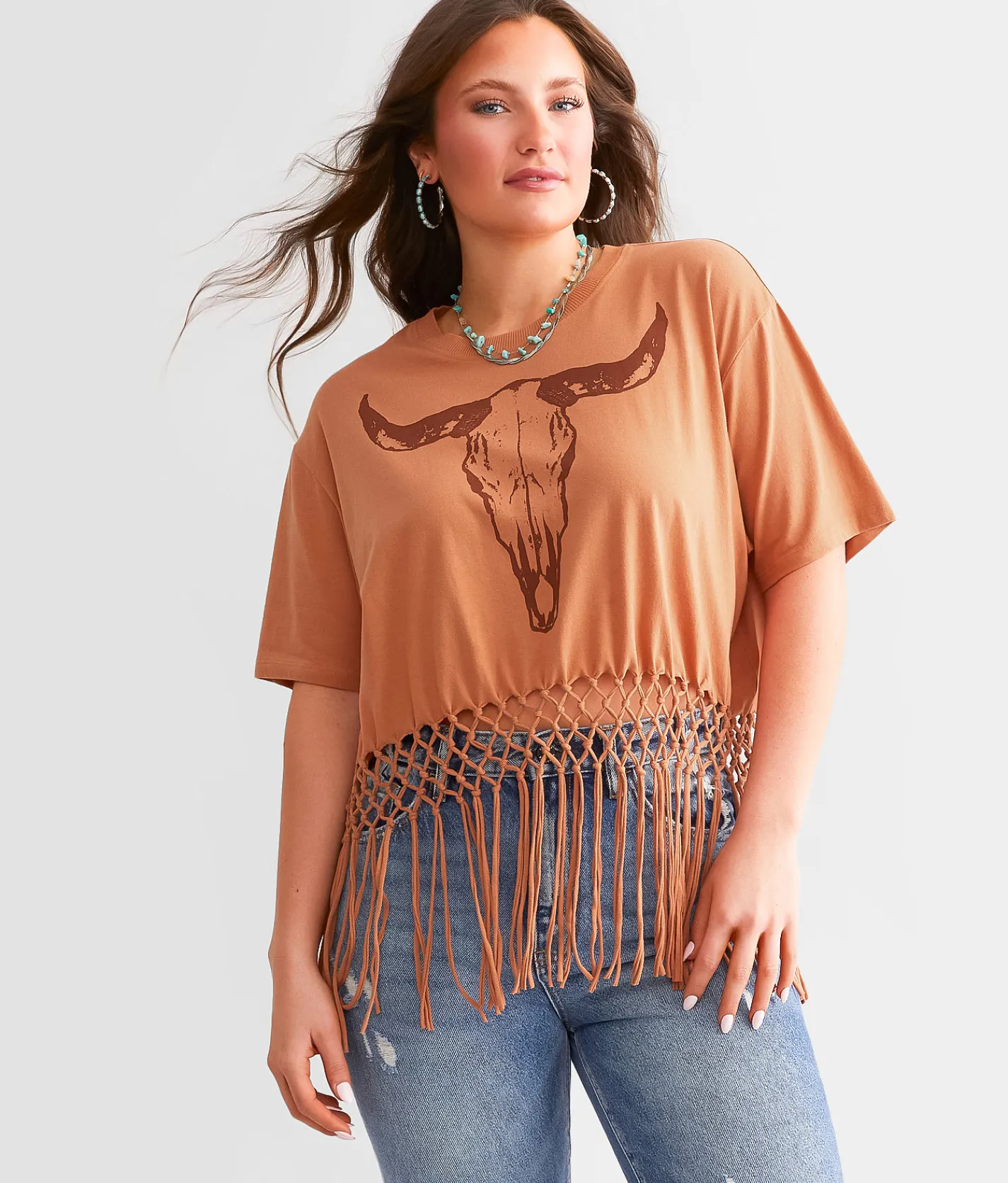 Modish Rebel Steer Macrame Fringe Cropped T-Shirt Cafe Cream Sale