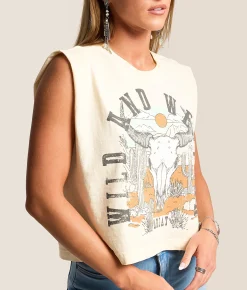 Tops | Ariat Steer Skull Landscape Cropped Tank Top Faded Ivory