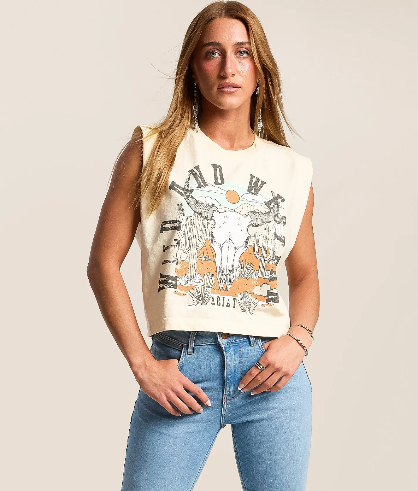 Tops | Ariat Steer Skull Landscape Cropped Tank Top Faded Ivory