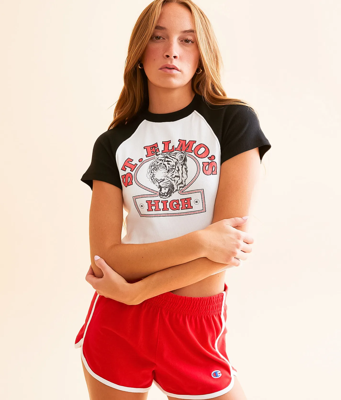 Champion® St. Elmo's High Baby Cropped T-Shirt White Black Sale