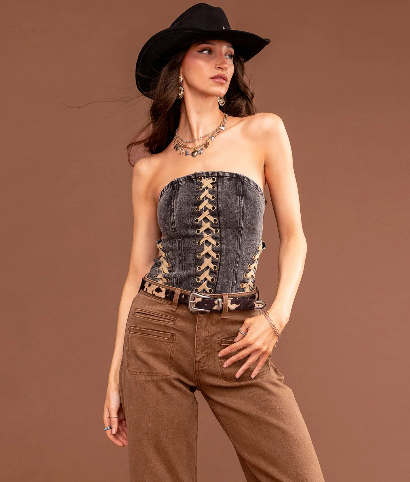 Sterling & Stitch Sterling & Lace-Up Denim Tube Top Washed Black Best