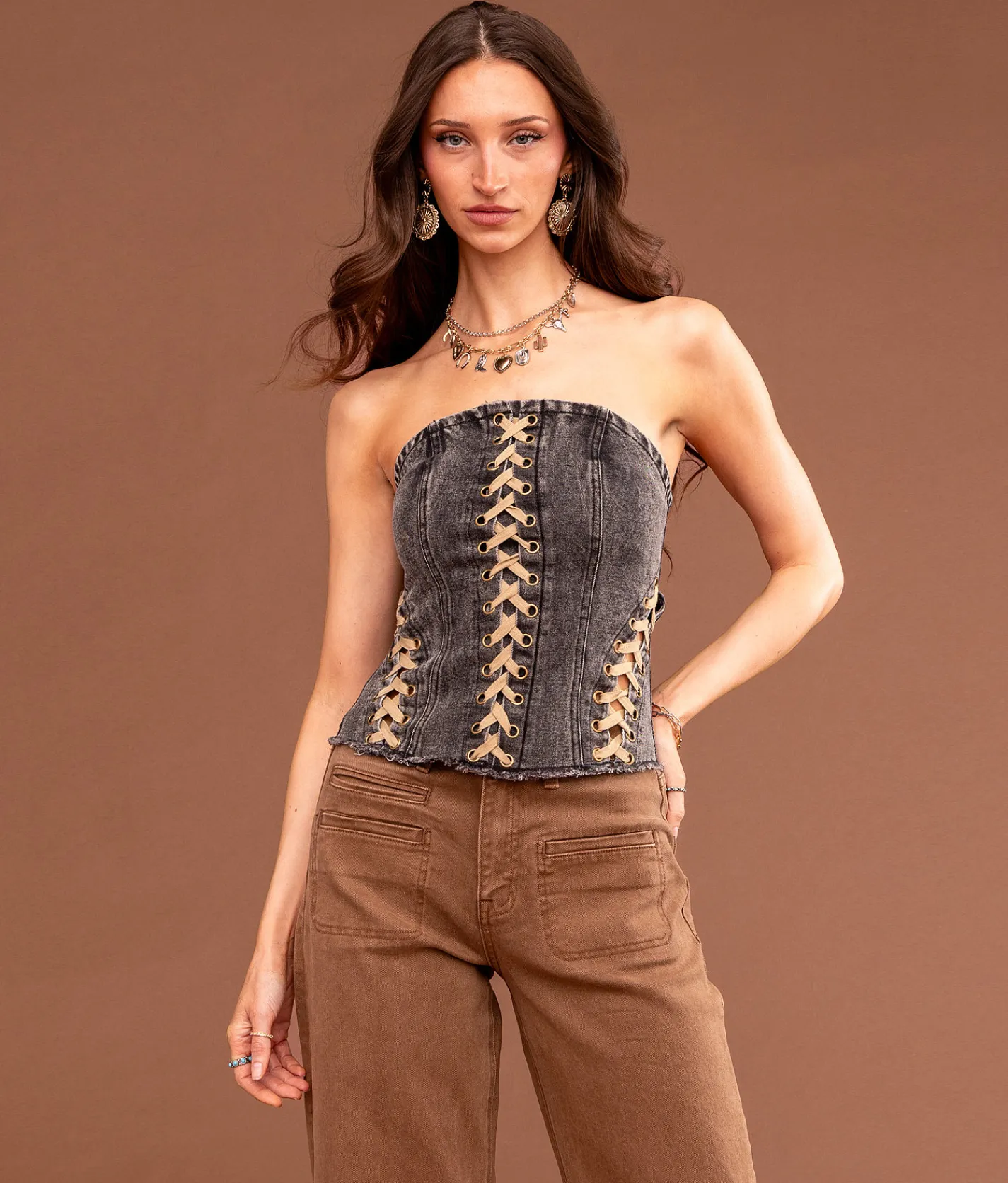 Sterling & Stitch Sterling & Lace-Up Denim Tube Top Washed Black Best
