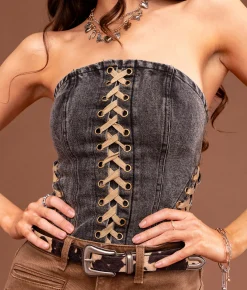 Sterling & Stitch Sterling & Lace-Up Denim Tube Top Washed Black Best