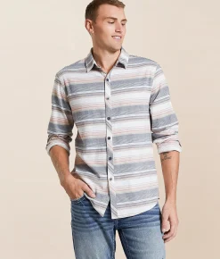 Tops | Departwest Striped Athletic Stretch Shirt Tan Cream Grey