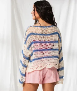 33 Coastal Striped Boatneck Cropped Sweater Blue White Sale