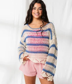 33 Coastal Striped Boatneck Cropped Sweater Blue White Sale