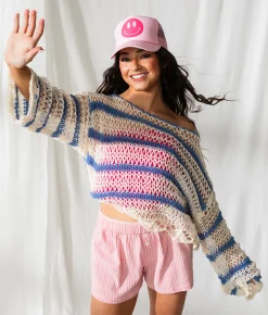 33 Coastal Striped Boatneck Cropped Sweater Blue White Sale
