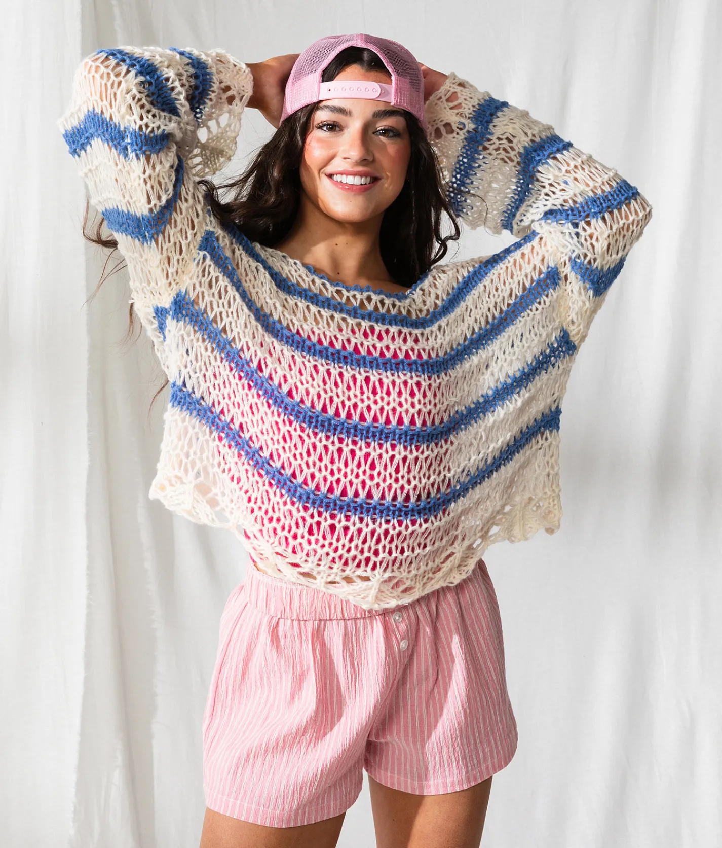 33 Coastal Striped Boatneck Cropped Sweater Blue White Sale