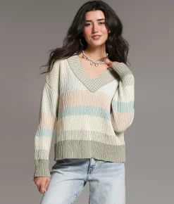 BKE Striped Boxy Sweater Surf Spray Hot