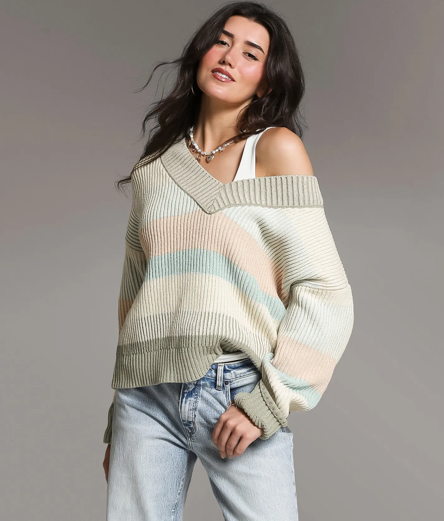 BKE Striped Boxy Sweater Surf Spray Hot