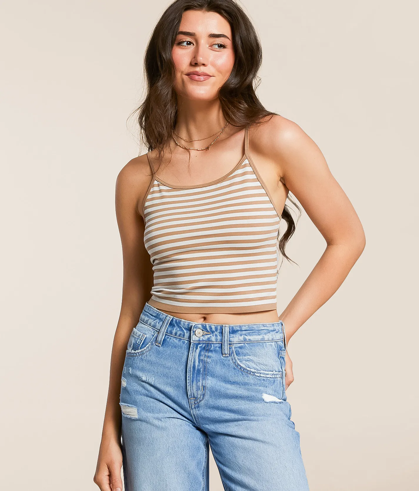 Tops | Freshwear Striped Brami Brown Cream