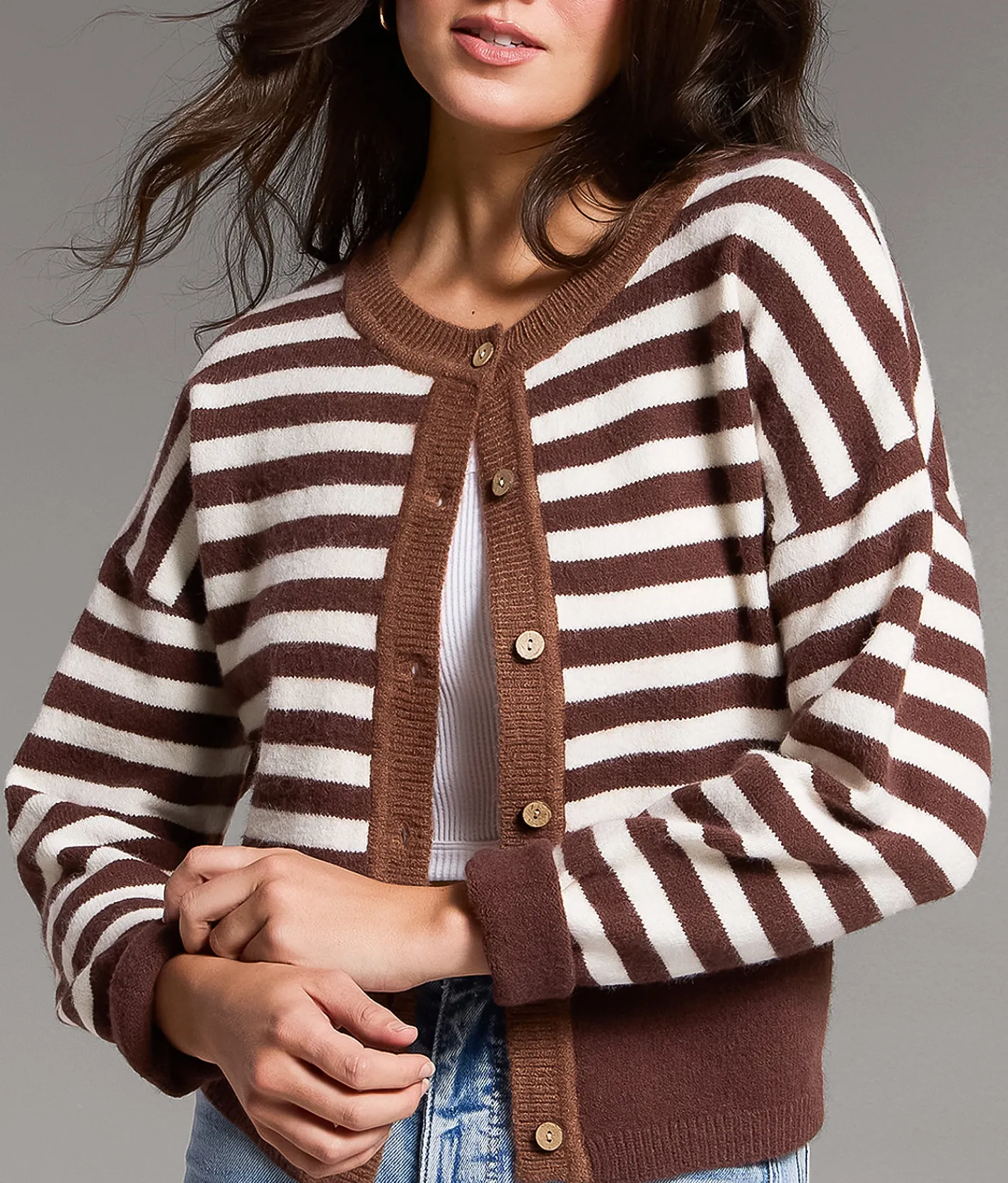 Tops | BKE Striped Cardigan Sweater Brown Cream