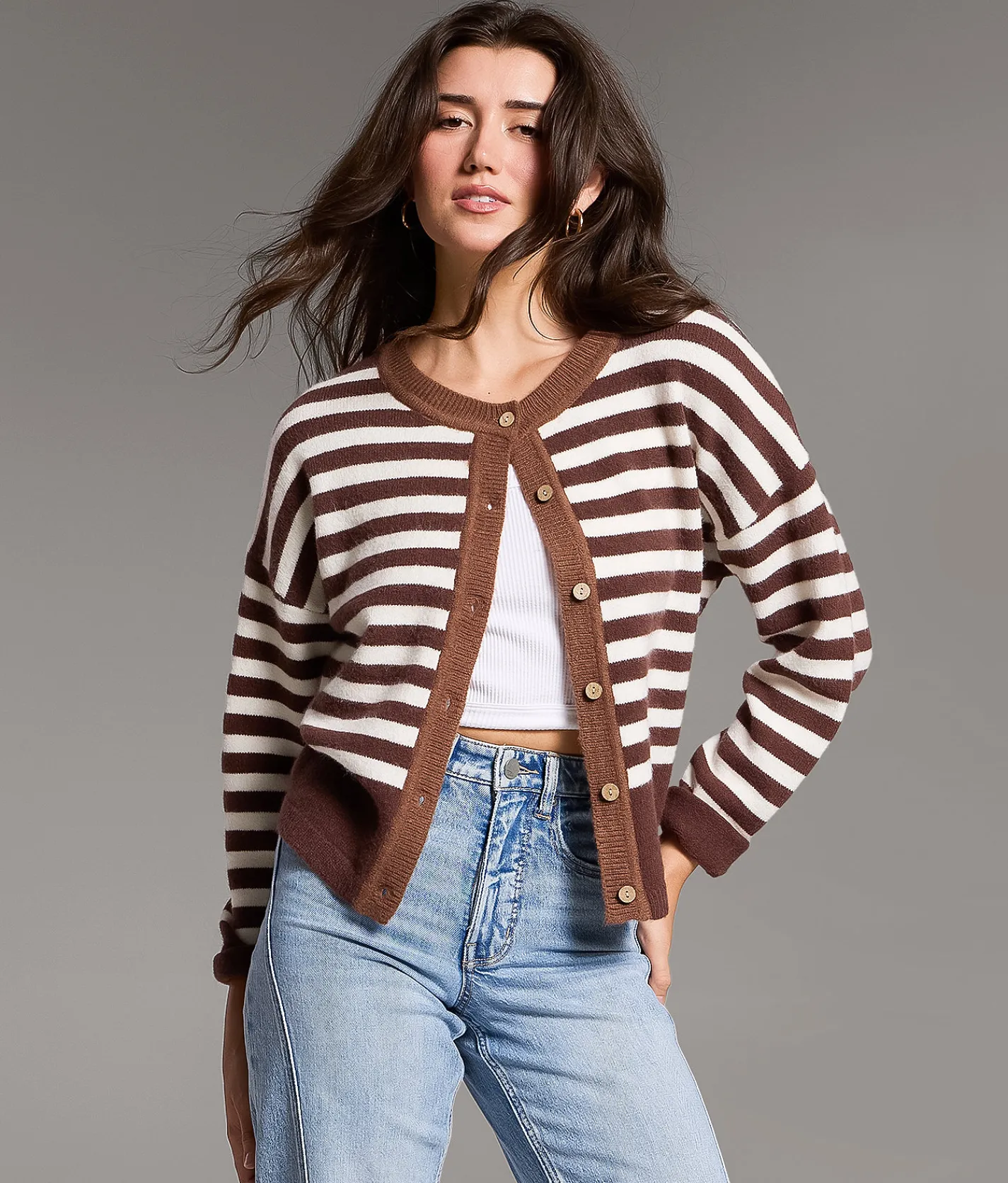Tops | BKE Striped Cardigan Sweater Brown Cream