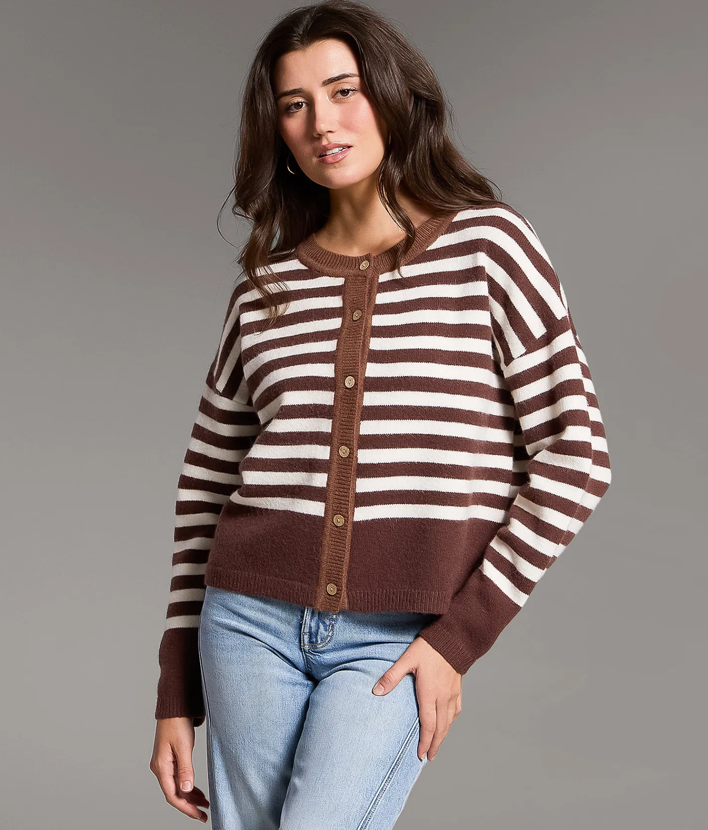Tops | BKE Striped Cardigan Sweater Brown Cream