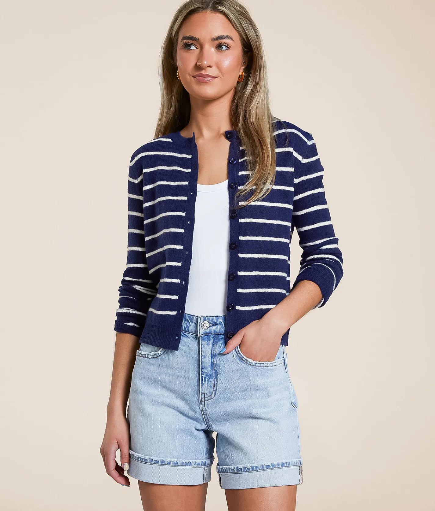 The Workshop Striped Cardigan Sweater Navy Discount
