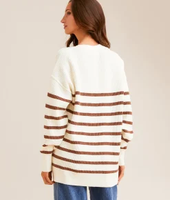 Tops | BKE Striped Cardigan Sweater Cream Brown