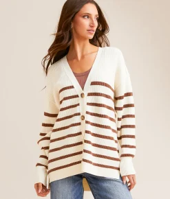 Tops | BKE Striped Cardigan Sweater Cream Brown