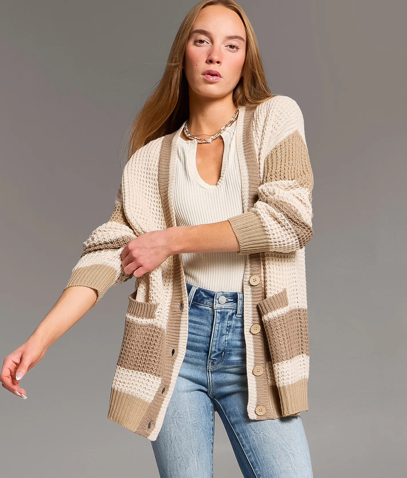 Tops | BKE Striped Cardigan Sweater Beige Cream