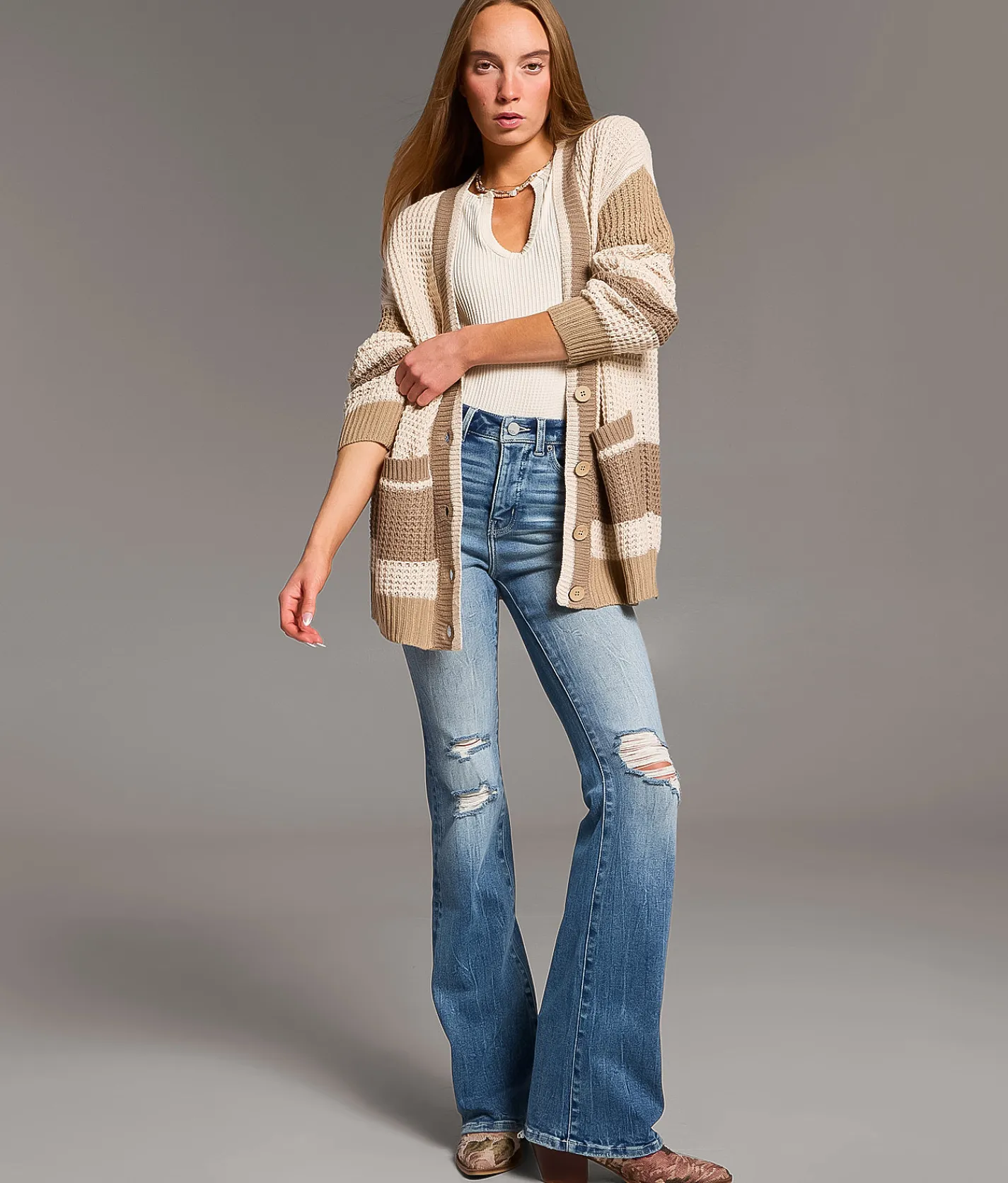 Tops | BKE Striped Cardigan Sweater Beige Cream