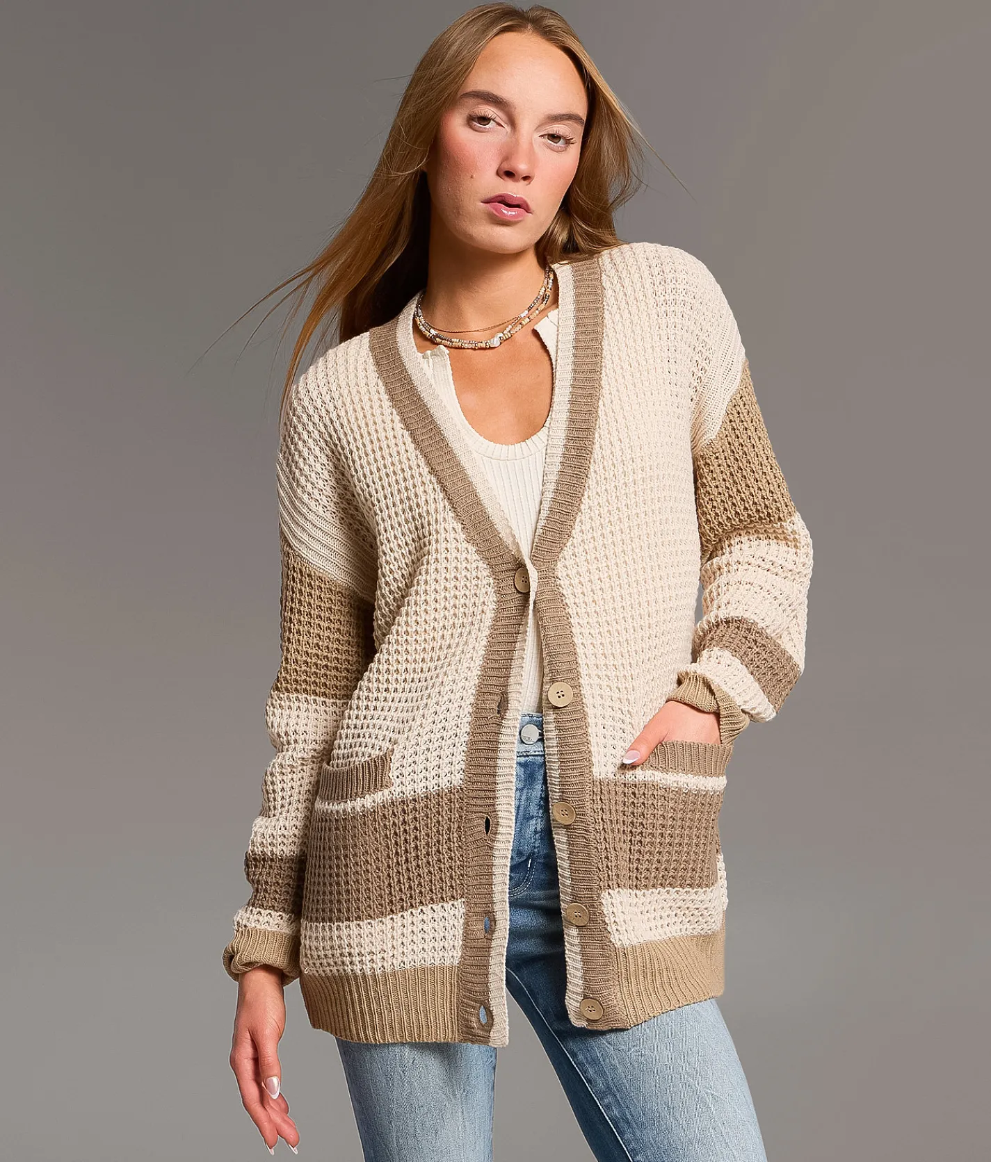 Tops | BKE Striped Cardigan Sweater Beige Cream