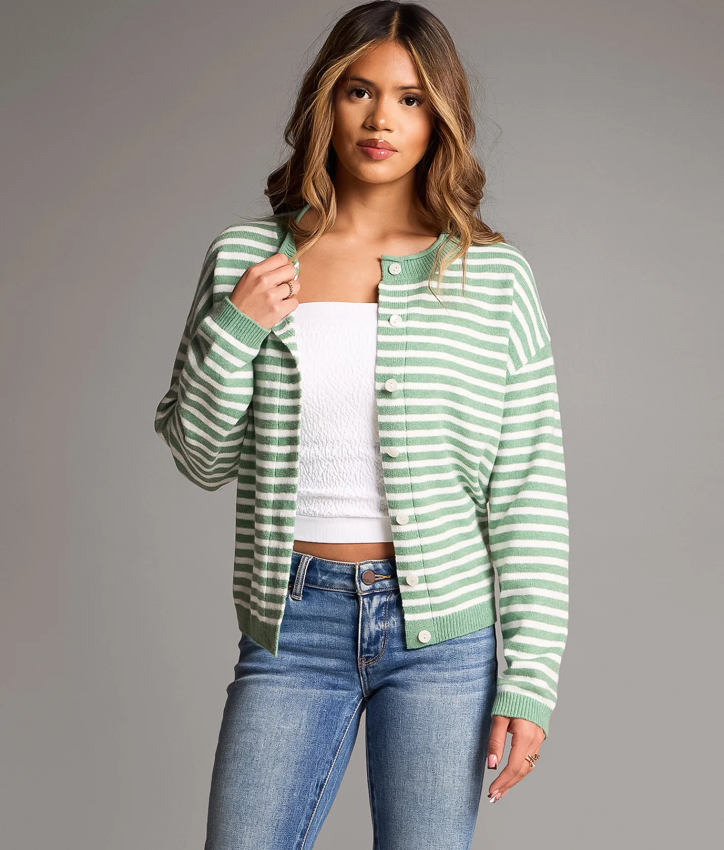 Tops | BKE Striped Cardigan Sweater Malachite White