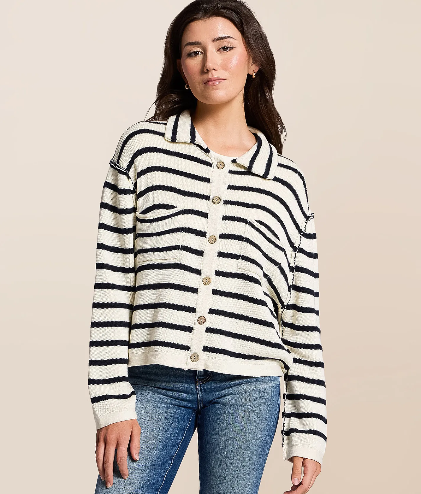 Tops | Blu Pepper Striped Cardigan Sweater Cream