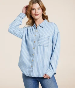 Tops | Blu Pepper Striped Chambray Shirt Blue