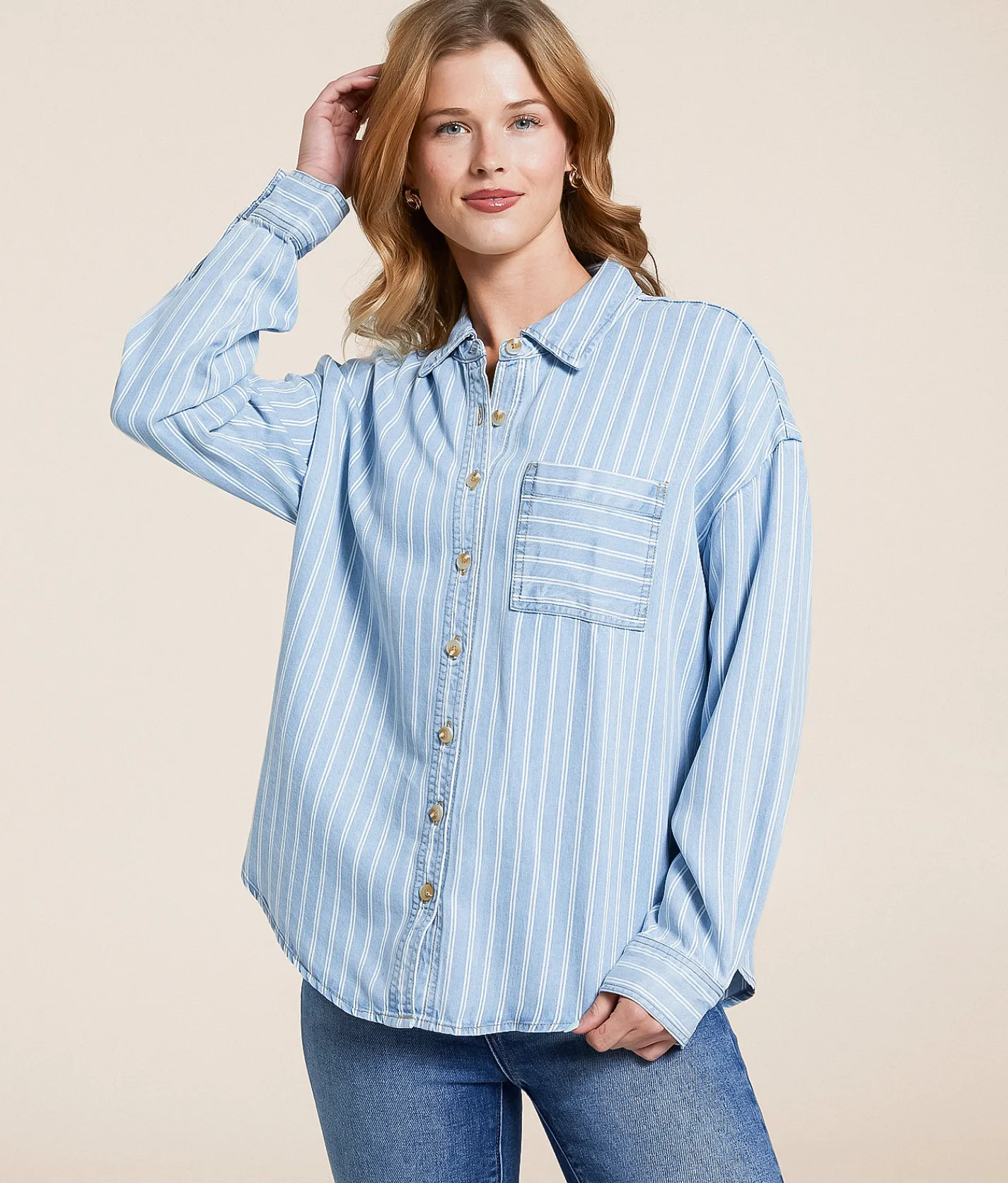 Tops | Blu Pepper Striped Chambray Shirt Blue