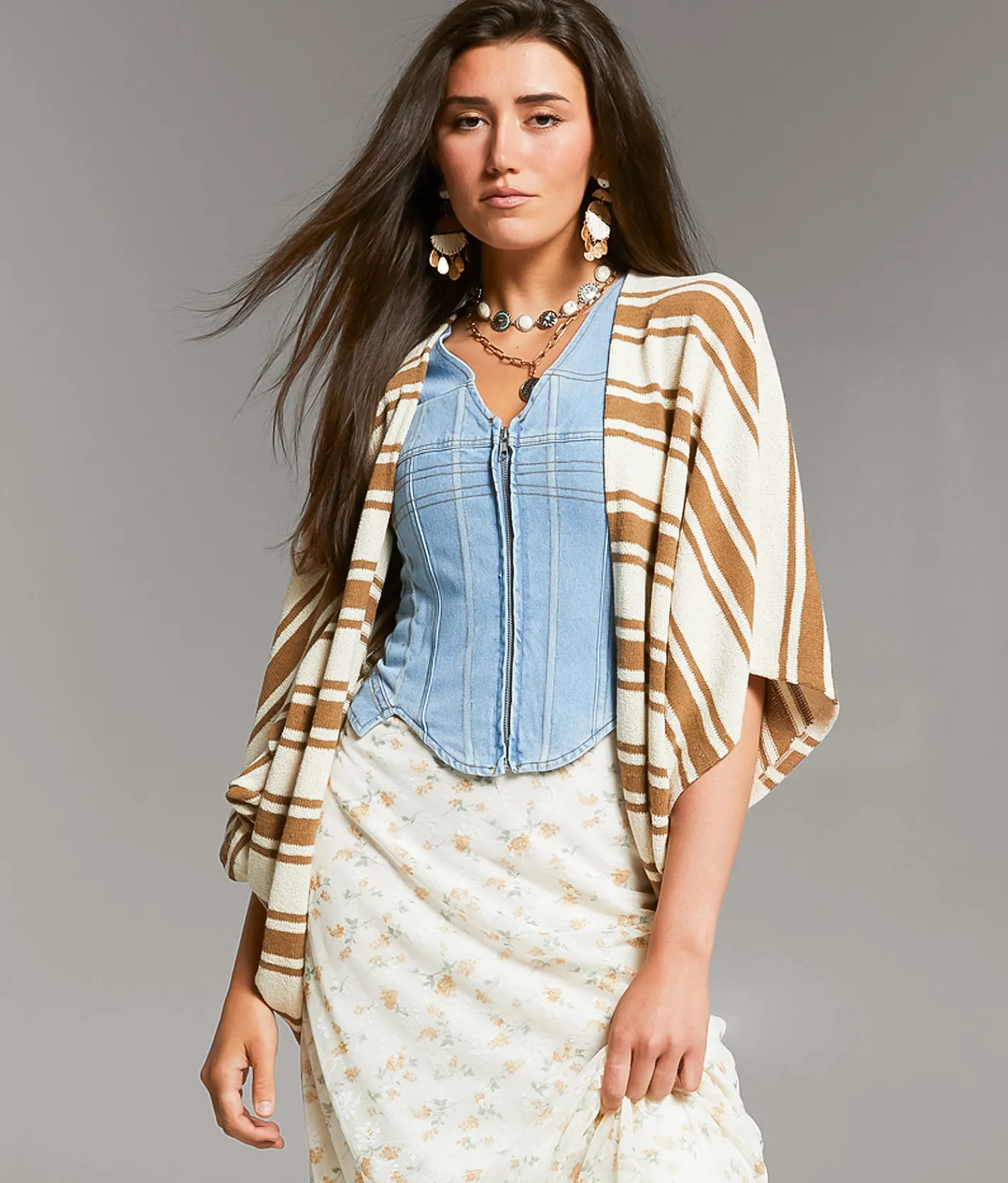 BKE Striped Cocoon Cardigan Cream Biscuit Clearance