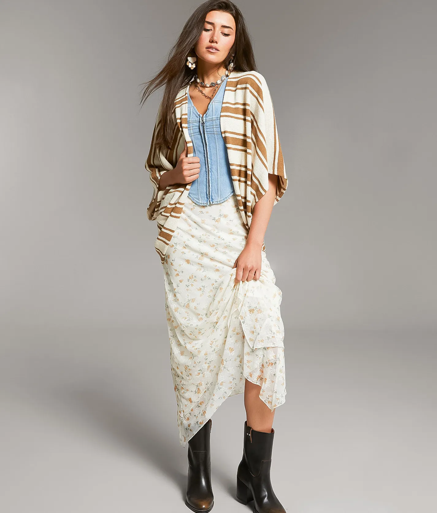 BKE Striped Cocoon Cardigan Cream Biscuit Clearance