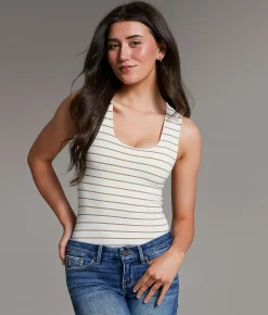 Tops | BKE core Striped Contour Tank Top Cream Taupe
