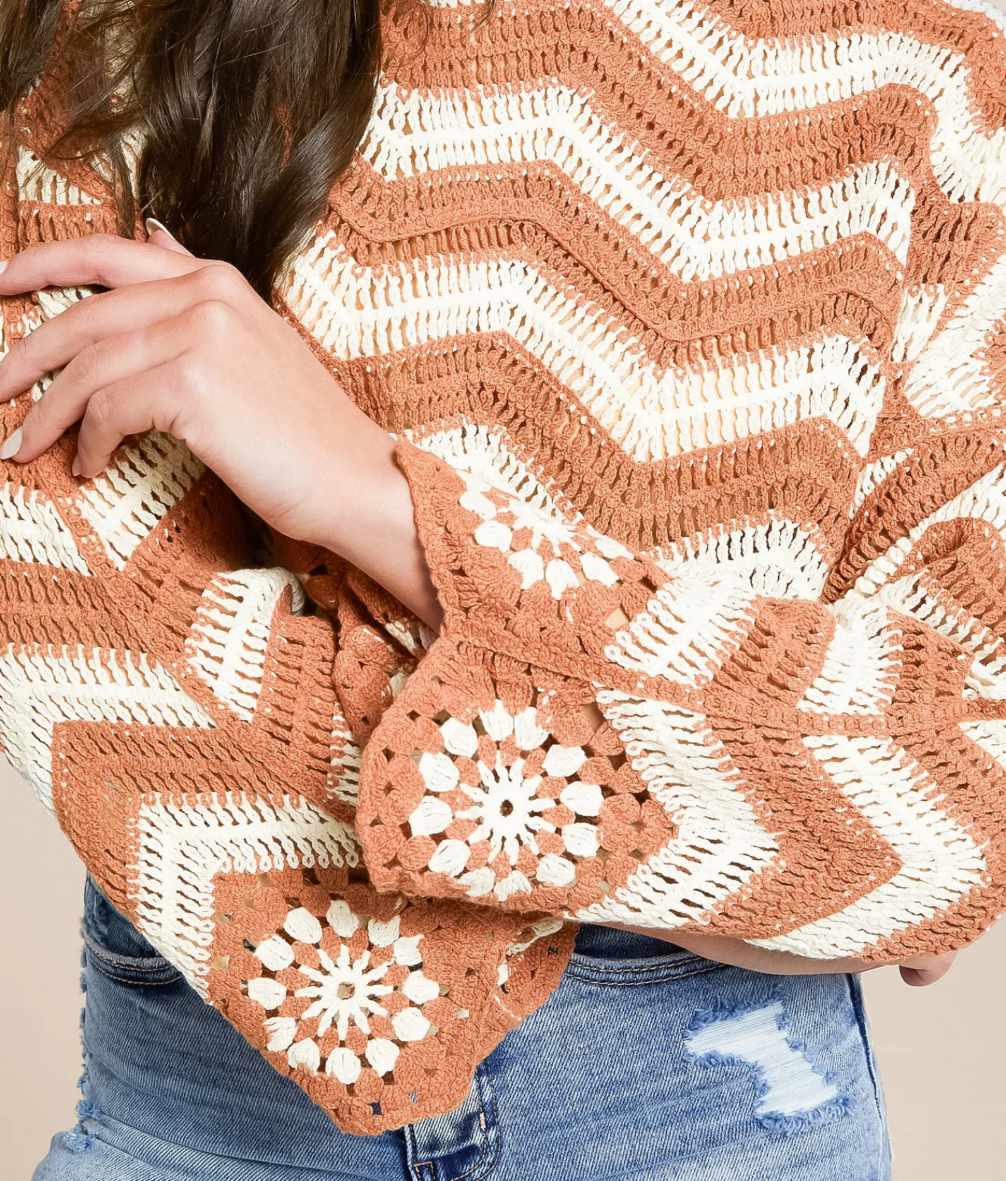 Tops | New In Striped Crochet Cropped Sweater Mocha