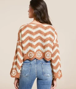 Tops | New In Striped Crochet Cropped Sweater Mocha
