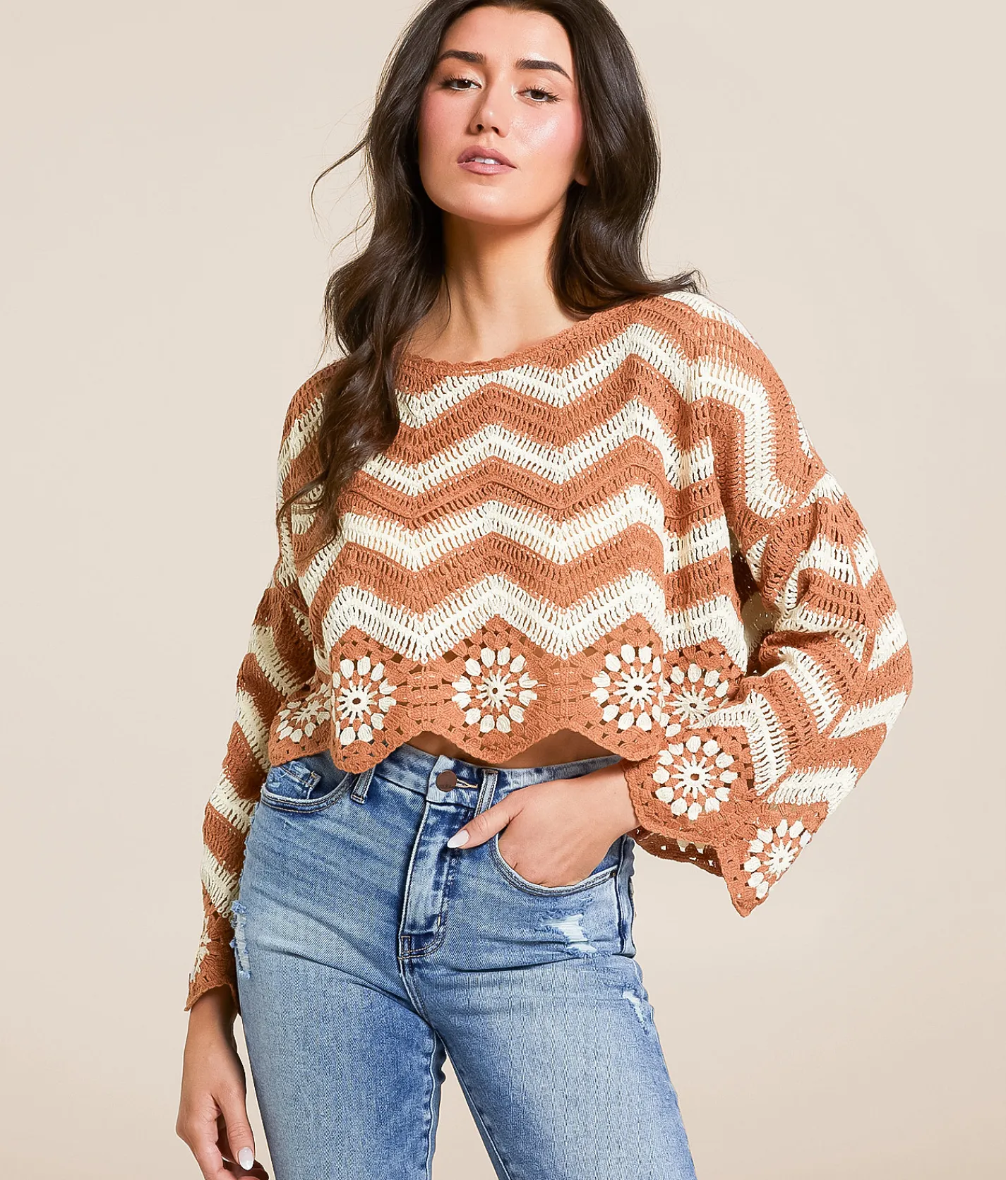 Tops | New In Striped Crochet Cropped Sweater Mocha