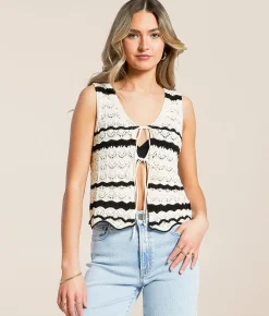 Willow & Root Striped Crochet Tank Top Cream Black Sale