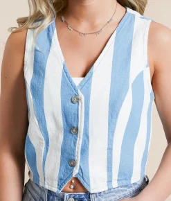 Tops|Coats & Jackets | Double Zero Striped Denim Cropped Vest Blue Cream