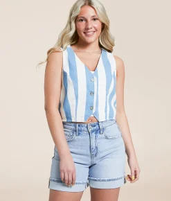 Tops|Coats & Jackets | Double Zero Striped Denim Cropped Vest Blue Cream