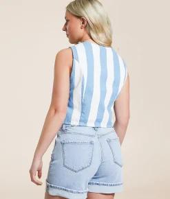 Tops|Coats & Jackets | Double Zero Striped Denim Cropped Vest Blue Cream