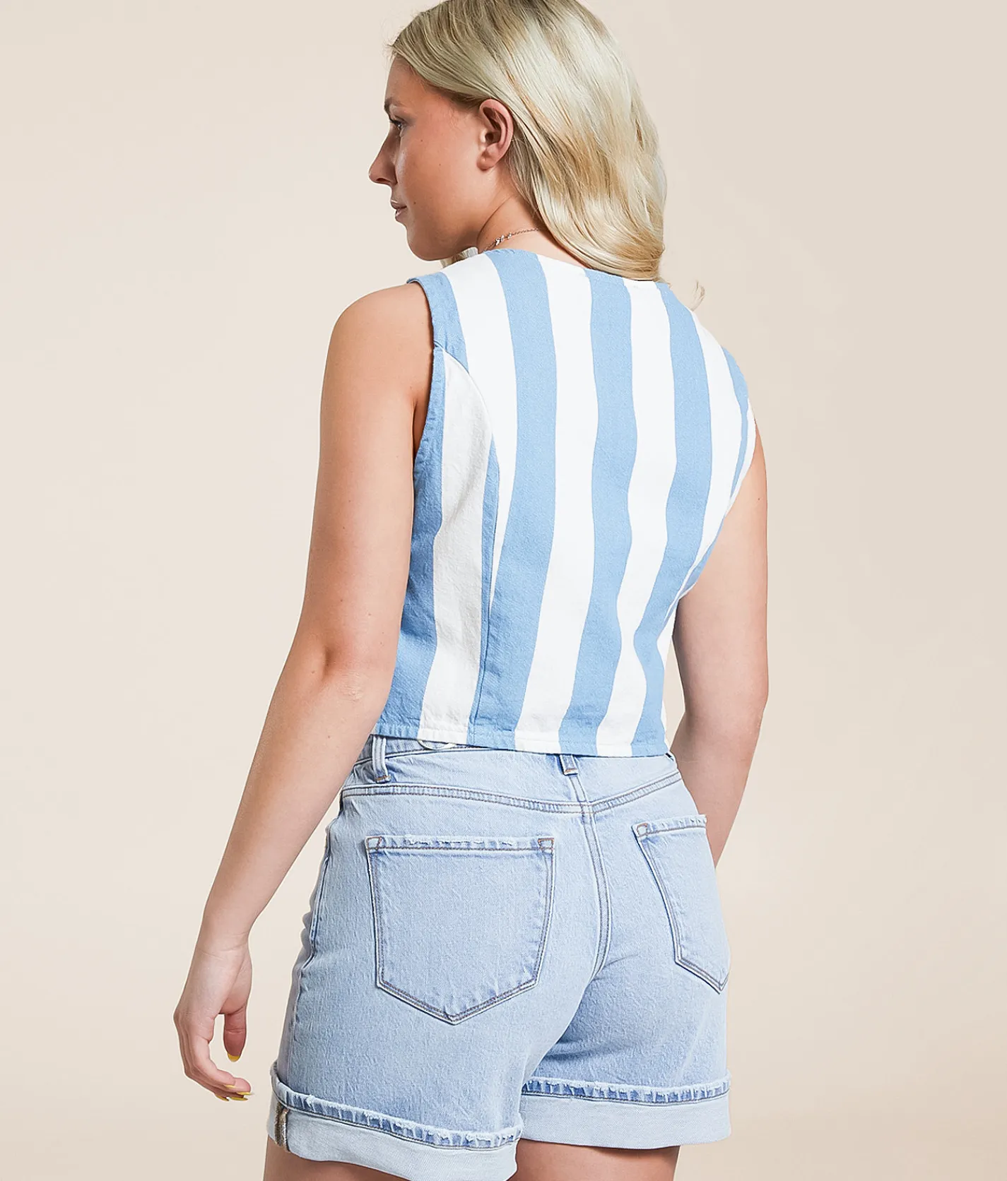 Tops|Coats & Jackets | Double Zero Striped Denim Cropped Vest Blue Cream